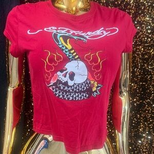 Ed Hardy Red Tee with Skull and Snake Design